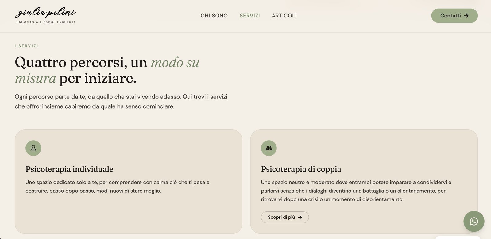 Dettaglio della pagina servizi del sito di Giulia Pelini psicologa: card dei percorsi di psicoterapia individuale e di coppia